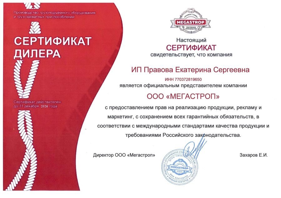 Сертификат дилера ООО «Мегастрополь»